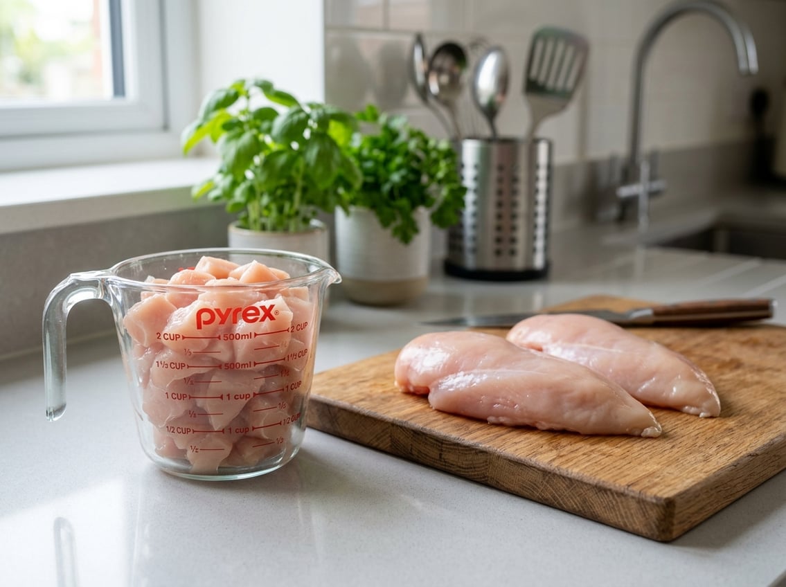 Two raw chicken breasts on a cutting board next to a glass measuring cup filled with chopped chicken pieces.