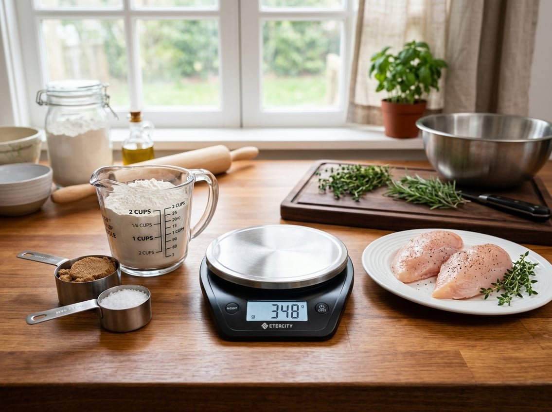 Two raw chicken breasts on a plate next to a digital kitchen scale and measuring cups on a wooden countertop in a kitchen.