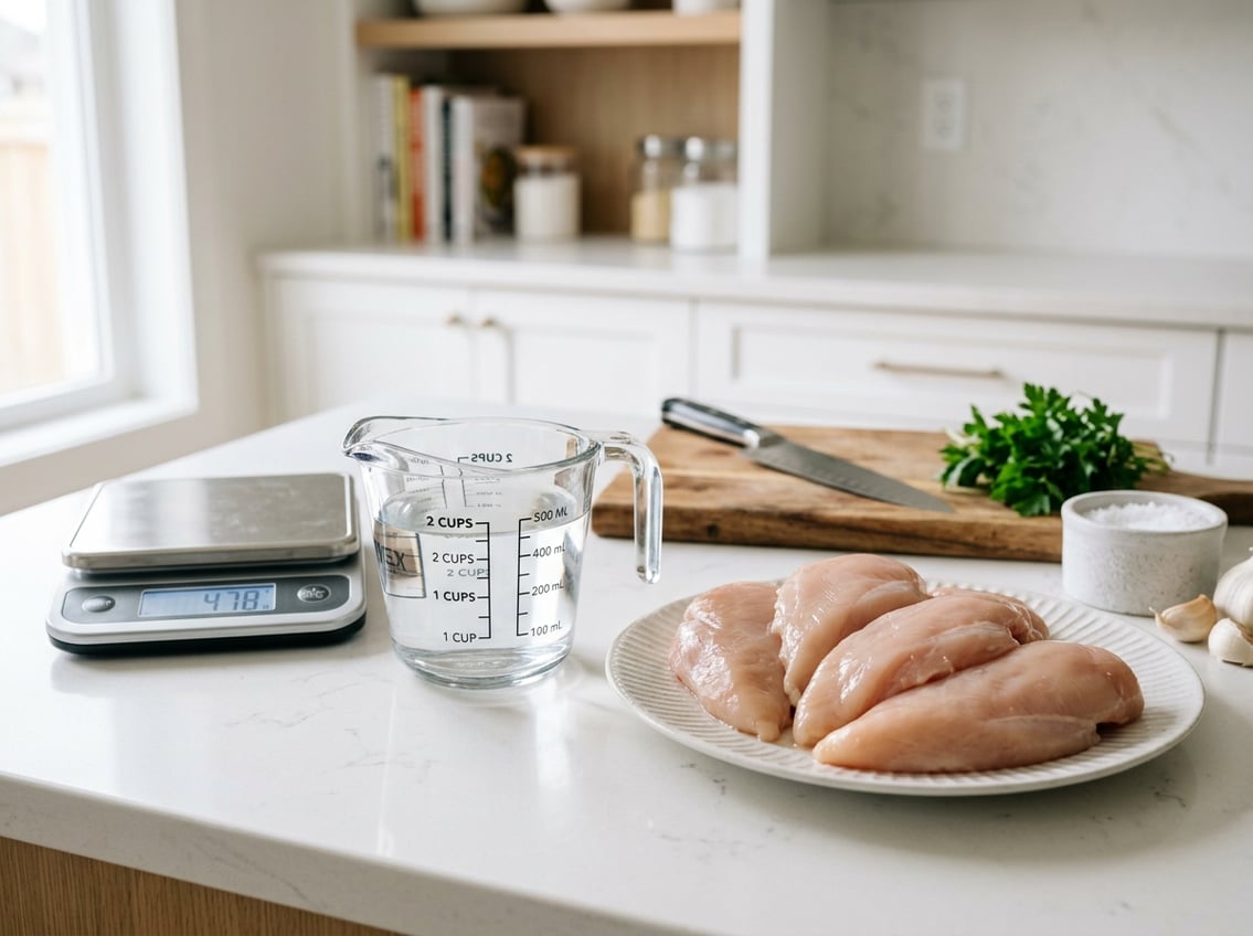 Raw chicken breasts arranged on a plate next to a measuring cup and kitchen scale on a kitchen countertop.
