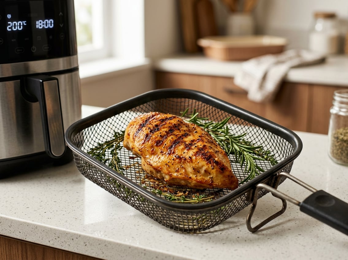 A cooked chicken breast inside an air fryer basket with fresh herbs on a kitchen countertop.