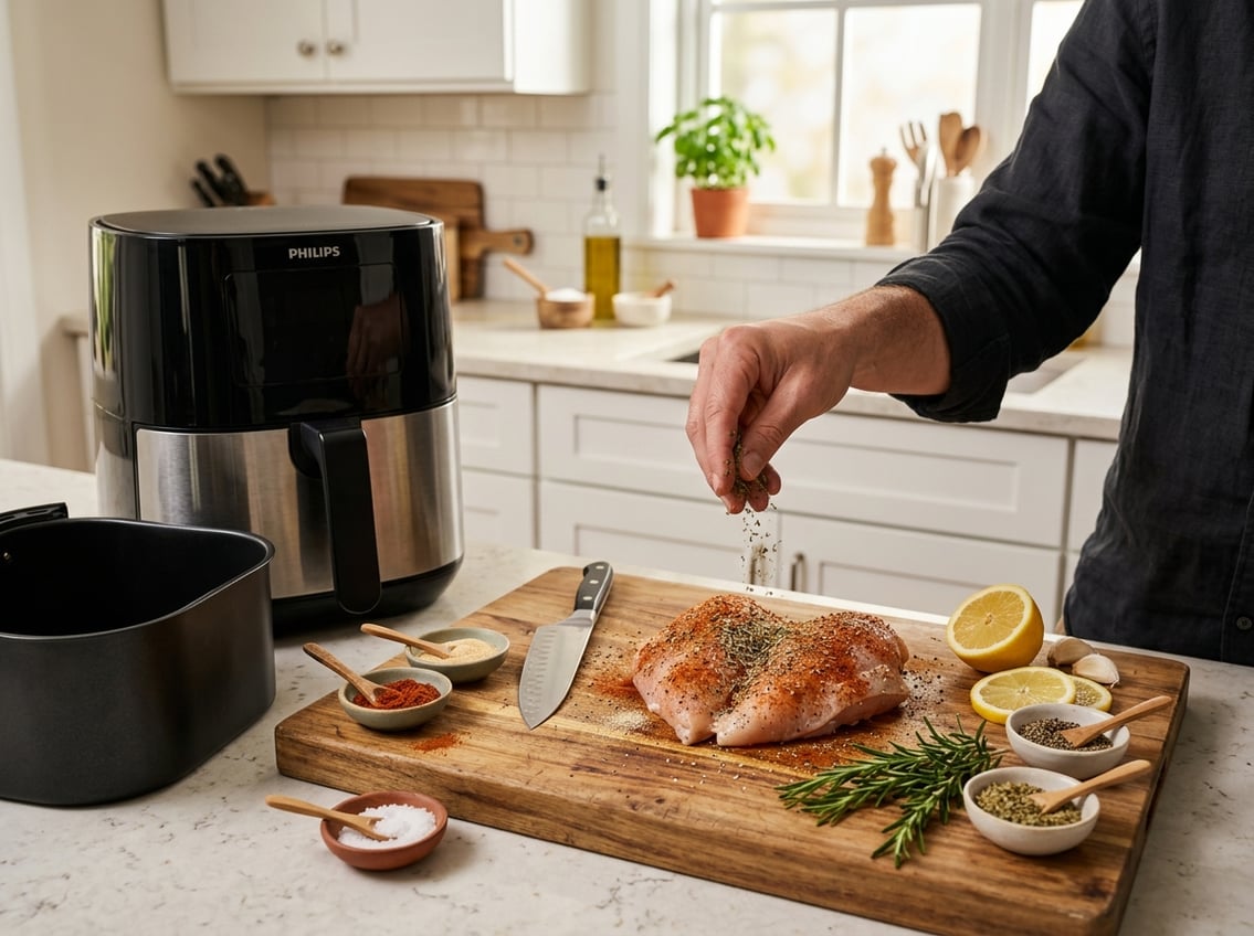 A kitchen countertop with raw seasoned chicken breasts on a cutting board, bowls of spices, fresh herbs, and an empty air fryer basket ready for use.