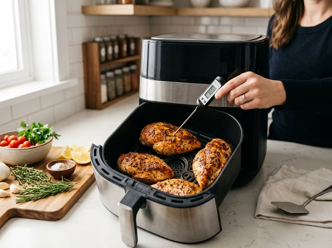 A person checking the doneness of chicken breasts in an open air fryer using a digital meat thermometer in a kitchen setting.
