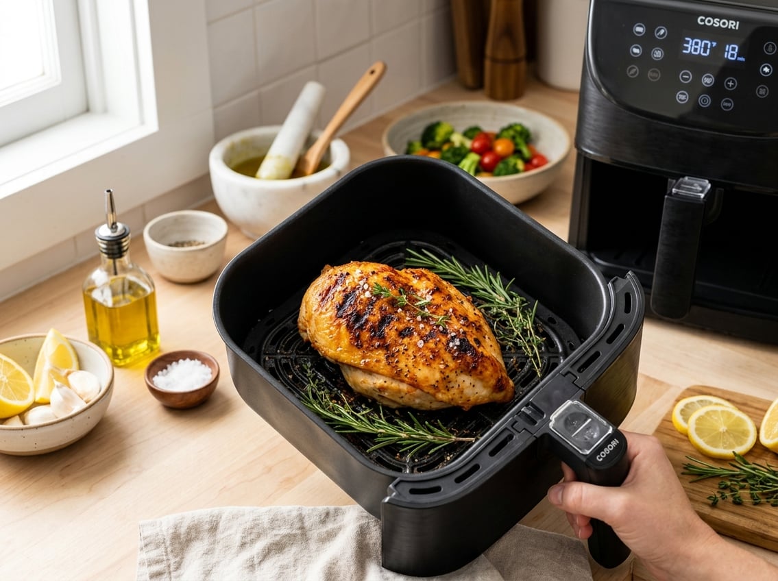 A cooked chicken breast in an open air fryer basket on a kitchen countertop with herbs and lemon wedges nearby.