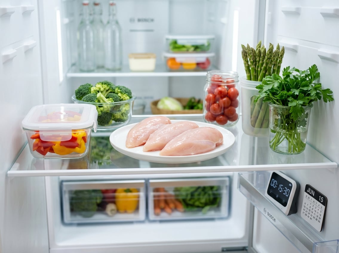 Open refrigerator shelf with raw chicken breasts on a plate surrounded by fresh vegetables and kitchen items.