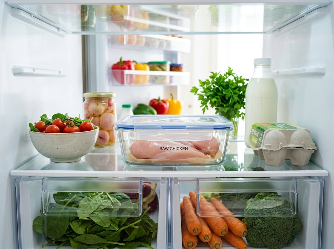 A refrigerator interior with a clear airtight container holding raw chicken breasts on a shelf, surrounded by fresh vegetables and other food items.