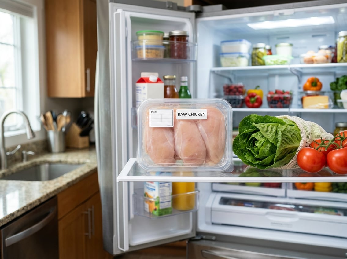 Open refrigerator shelf with raw chicken breasts stored in a clear container alongside fresh vegetables.
