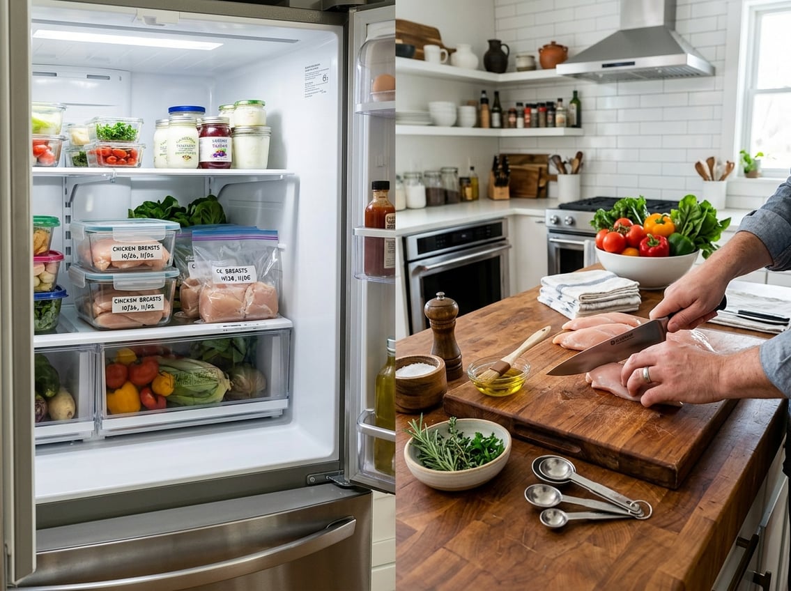 A kitchen scene showing raw chicken breasts stored in containers inside a refrigerator and fresh chicken being prepared on a countertop.