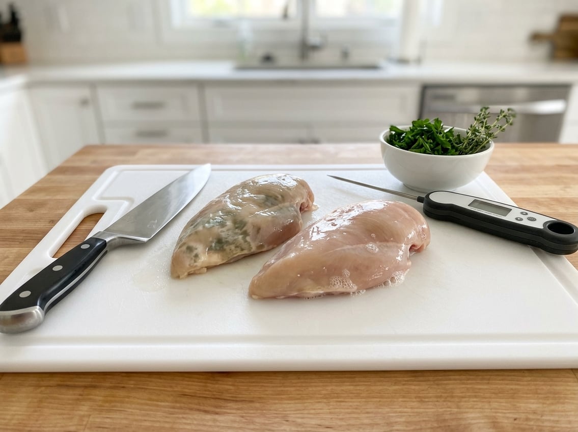 Close-up of raw chicken breasts on a cutting board showing discoloration and slimy texture indicating spoilage.