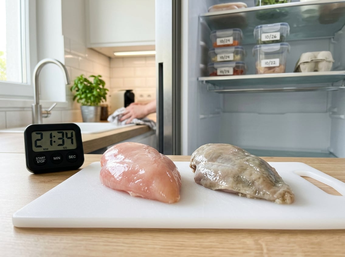 Close-up of fresh and spoiled chicken breasts side by side on a cutting board with a kitchen timer and refrigerator shelf in the background.