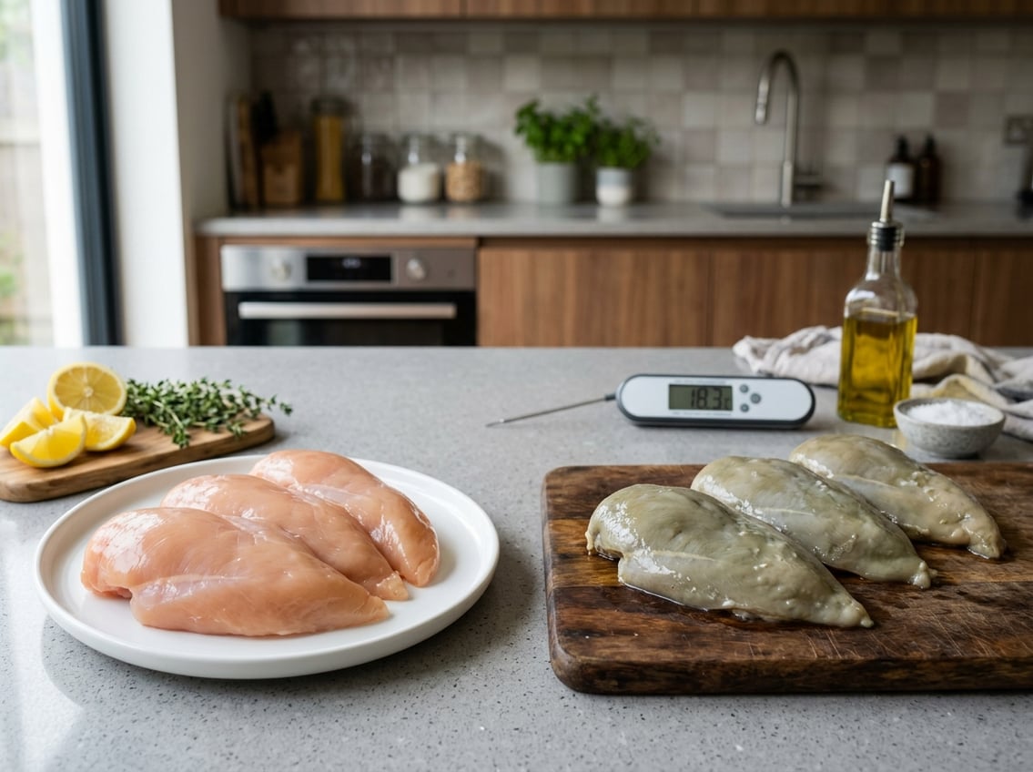 A kitchen countertop showing fresh pink chicken breasts on one plate and discolored spoiled chicken breasts on another plate side by side.
