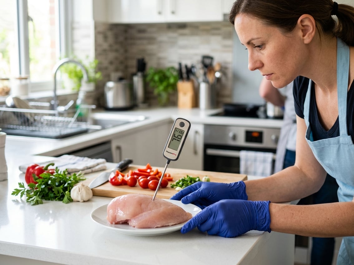 A person wearing gloves inspects raw chicken breast on a plate in a kitchen with a food thermometer inserted, surrounded by fresh vegetables and kitchen tools.