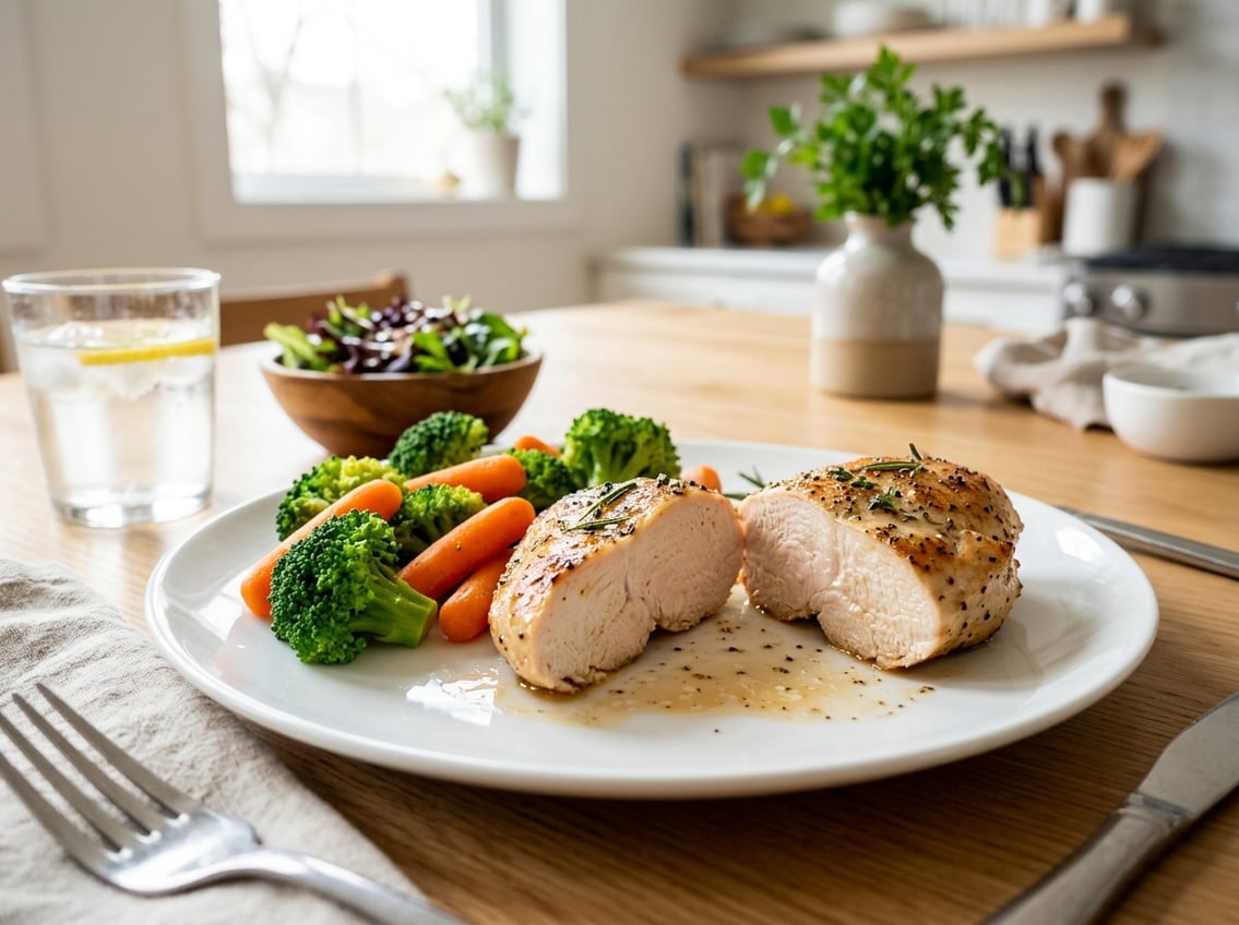 A cooked chicken breast on a white plate with steamed vegetables on a dining table in a bright kitchen.