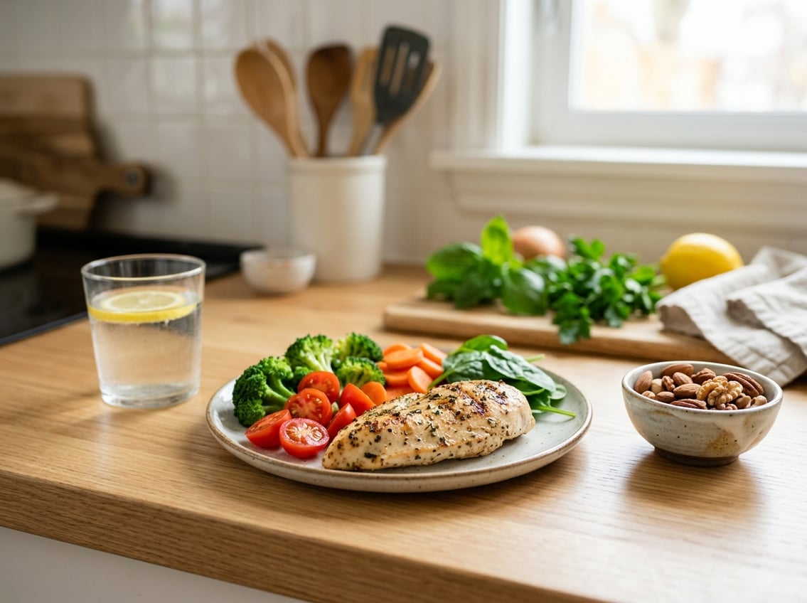 A plate with grilled chicken breast and fresh vegetables on a kitchen countertop, with a glass of water and a bowl of nuts nearby.