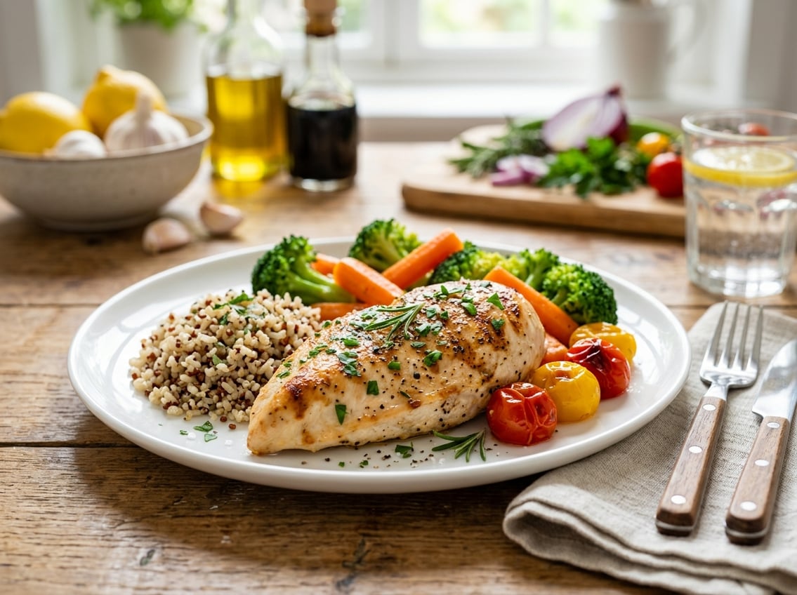 A plate with cooked chicken breast, steamed vegetables, and grains on a wooden table with kitchen items in the background.