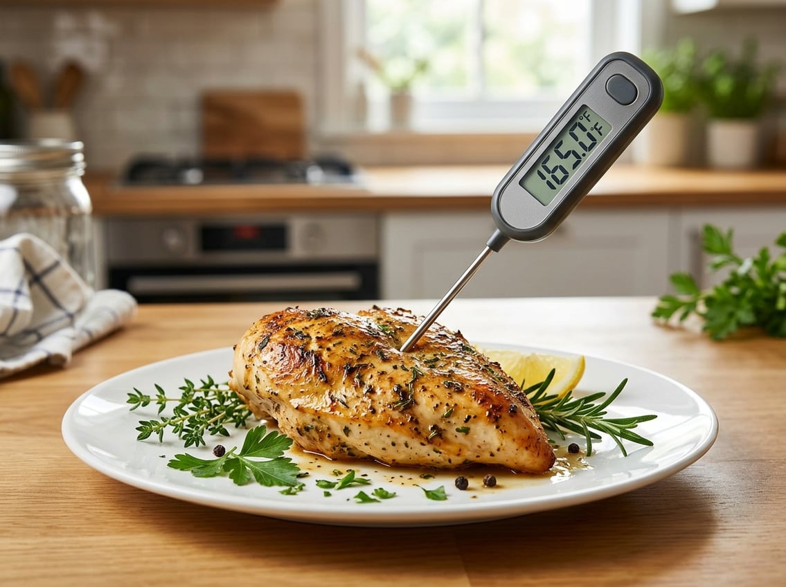 A cooked chicken breast on a white plate with a digital meat thermometer showing the temperature, surrounded by fresh herbs.
