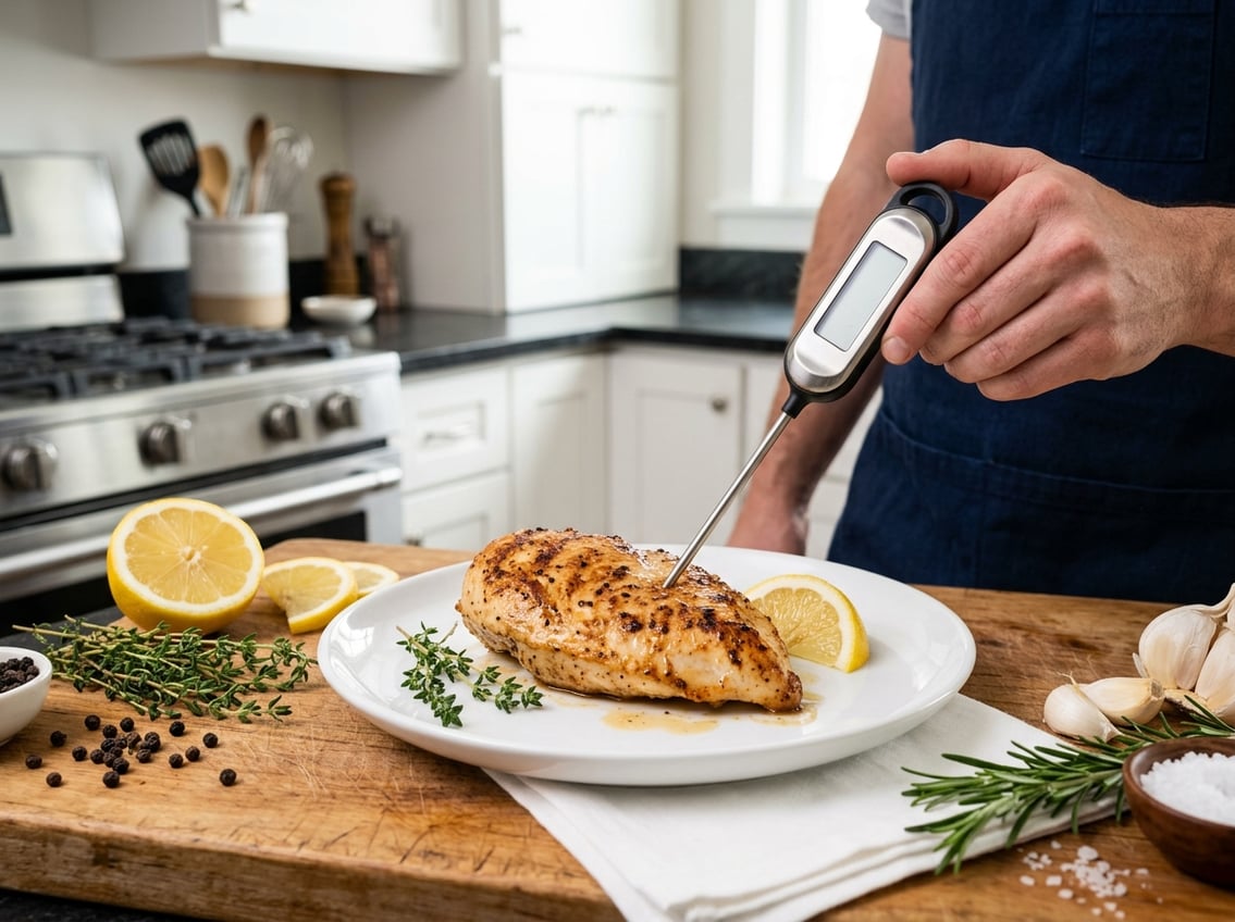 A cooked chicken breast on a white plate with a digital meat thermometer inserted, surrounded by fresh herbs and lemon slices on a wooden cutting board in a kitchen.