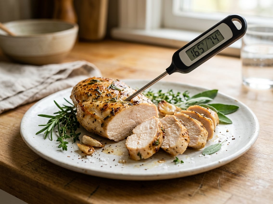 Sliced cooked chicken breast on a white plate with a meat thermometer showing the temperature, surrounded by fresh herbs.