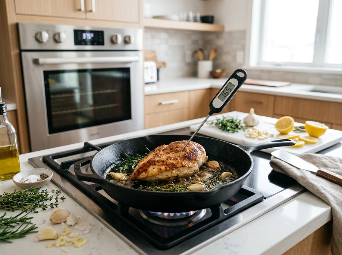 Close-up of a cooked chicken breast on a stovetop pan with a digital meat thermometer inserted, surrounded by fresh ingredients in a modern kitchen.