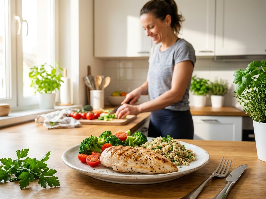 A grilled chicken breast on a plate with fresh vegetables in a bright kitchen, with a person preparing food in the background.