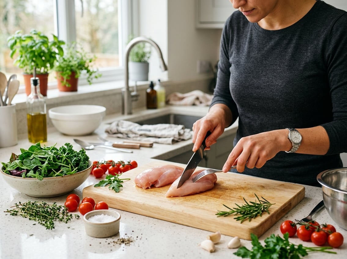 Person preparing raw chicken breasts on a cutting board in a bright kitchen with fresh vegetables nearby.