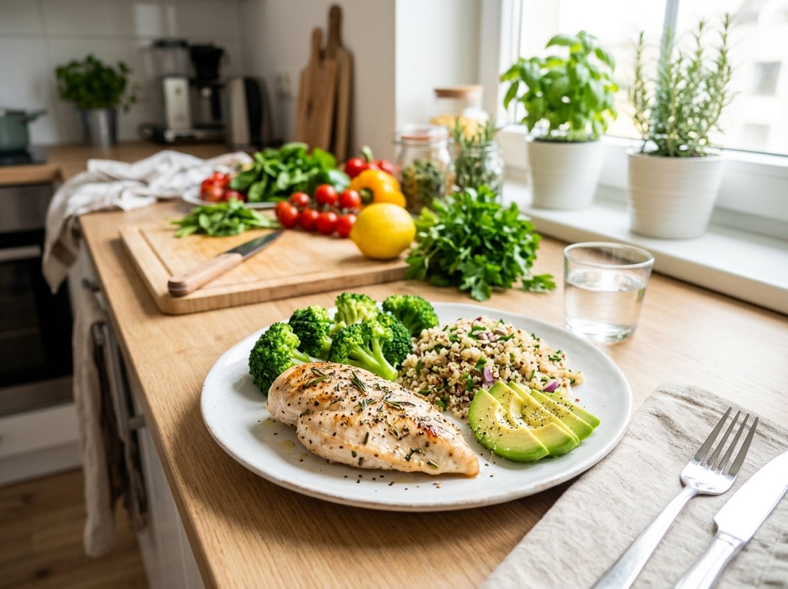 A cooked chicken breast on a plate with steamed broccoli, quinoa, and sliced avocado on a kitchen countertop.