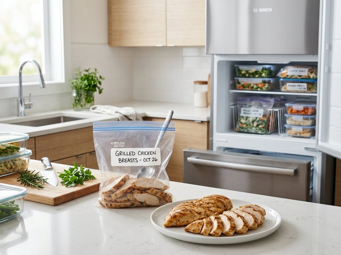 Cooked chicken breasts on a plate next to a resealable freezer bag in a modern kitchen with an open freezer in the background.