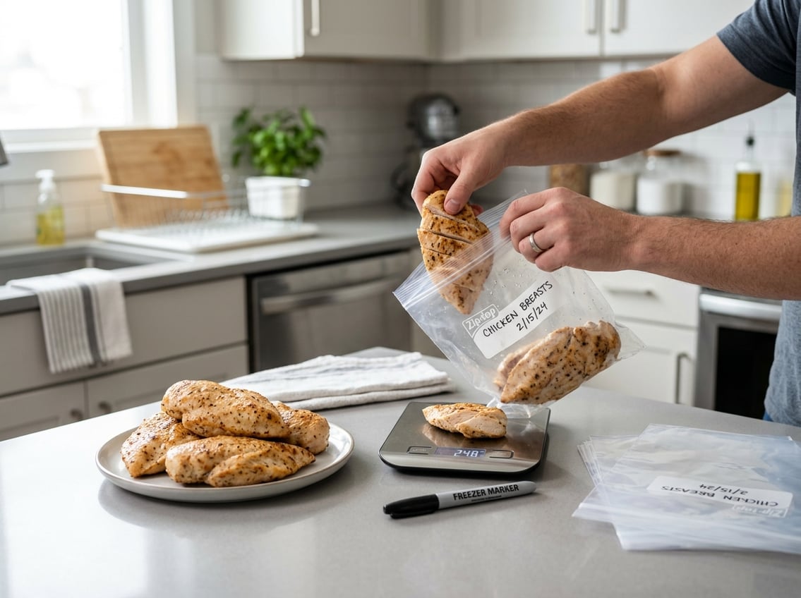 Hands placing cooked chicken breasts into a resealable freezer bag on a kitchen countertop with kitchen tools nearby.