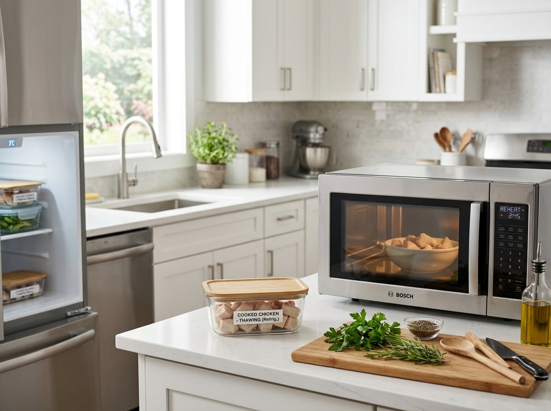Cooked chicken breast thawing in a glass container inside a refrigerator with a microwave nearby in a clean kitchen.