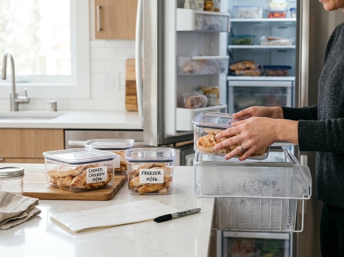 Hands placing cooked chicken breasts in a clear airtight container on a kitchen counter near a refrigerator freezer.