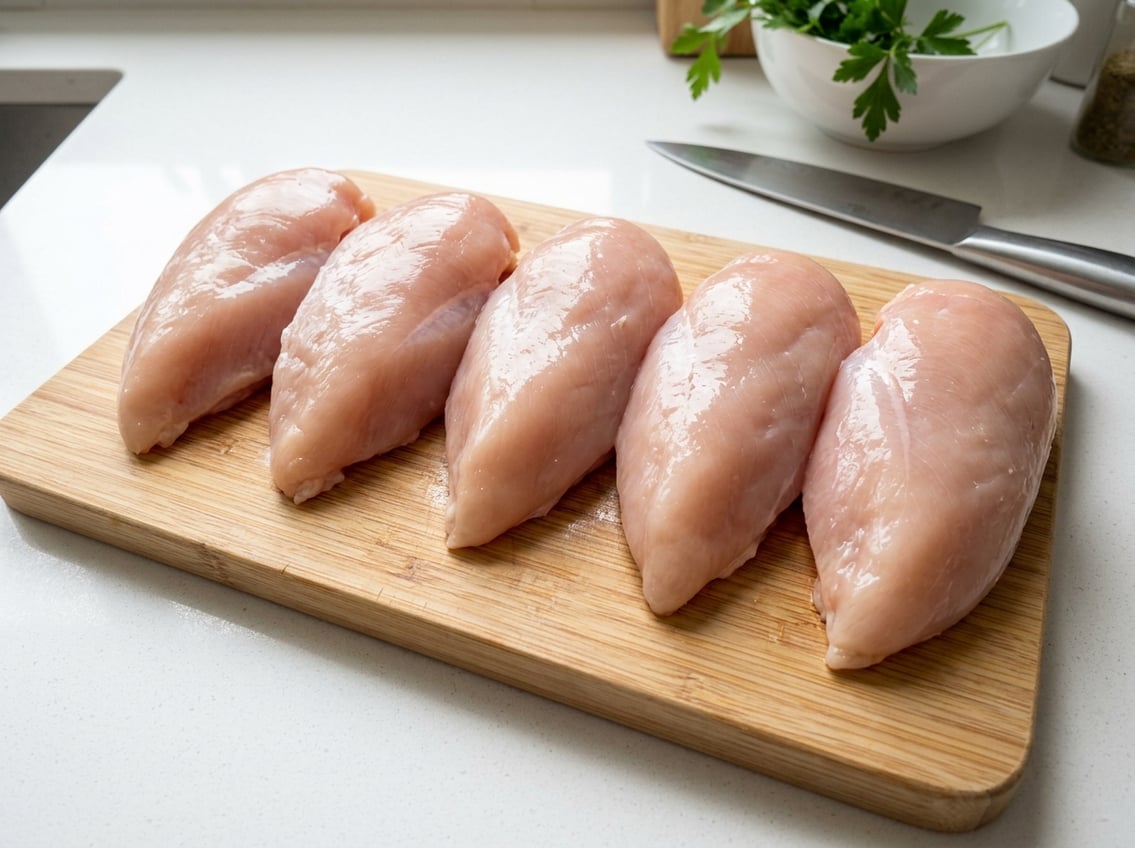 Several raw chicken breasts arranged on a white kitchen countertop with kitchen tools and herbs in the background.