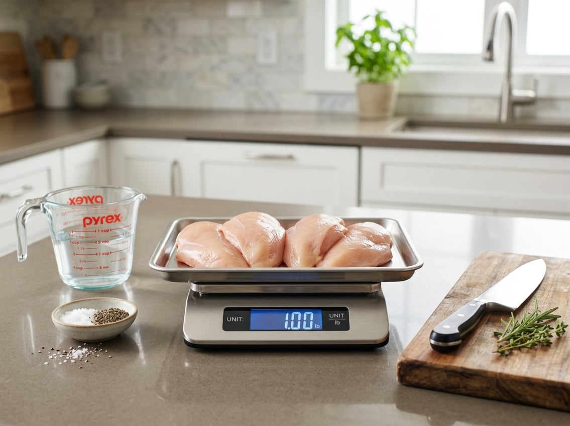 Several raw chicken breasts placed on a digital kitchen scale showing one pound on a kitchen countertop.