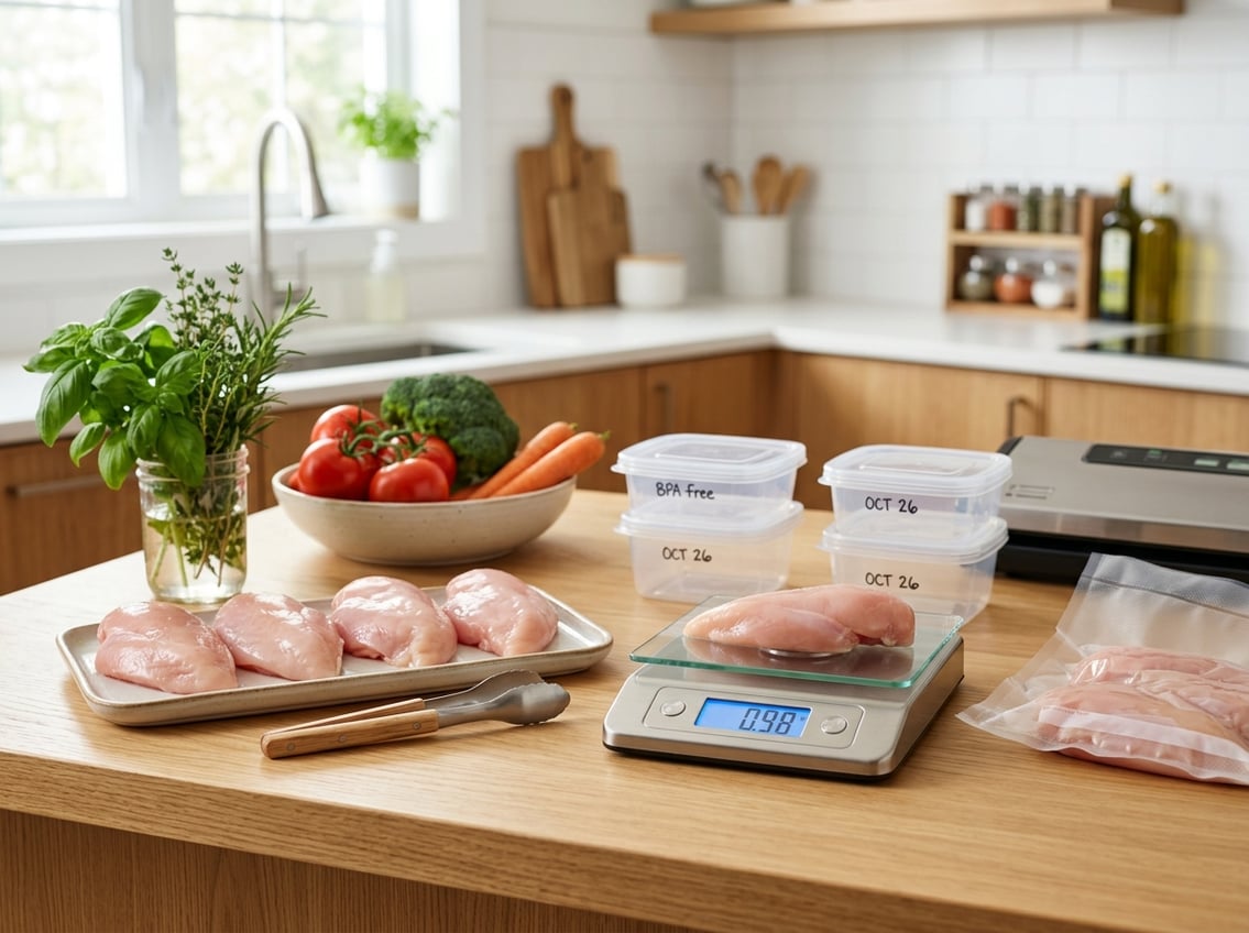 Raw chicken breasts on a kitchen counter next to a digital scale showing one pound, with storage containers nearby.