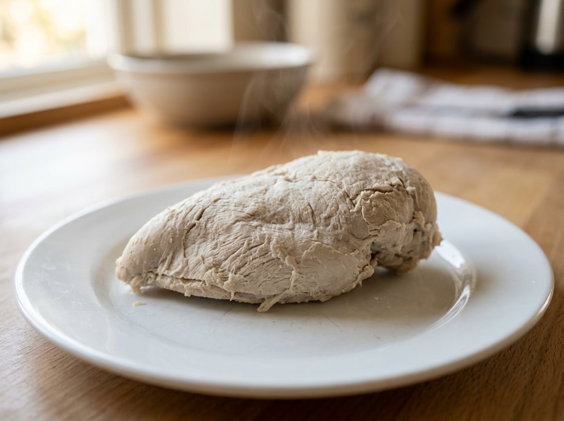 A cooked chicken breast on a white plate showing a dry, overcooked texture with steam rising.