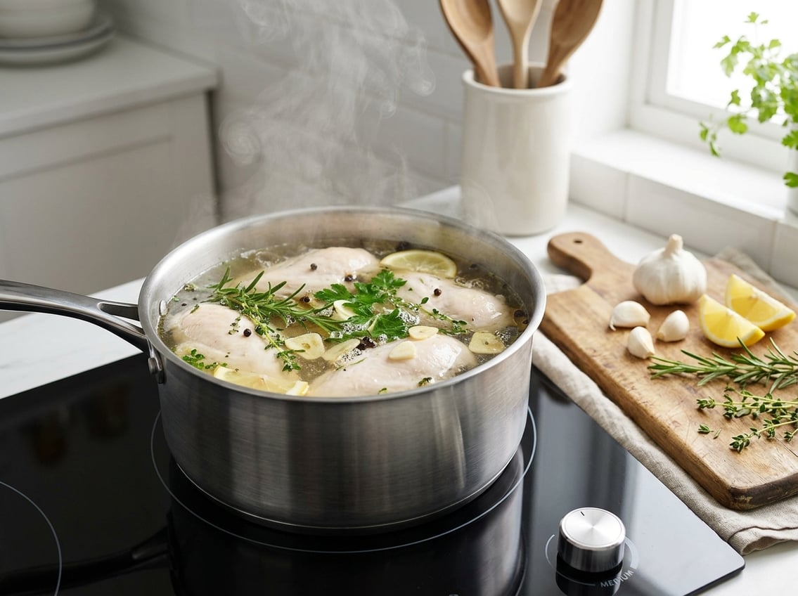 A pot on a stove with chicken breasts simmering gently in broth surrounded by fresh herbs and ingredients.