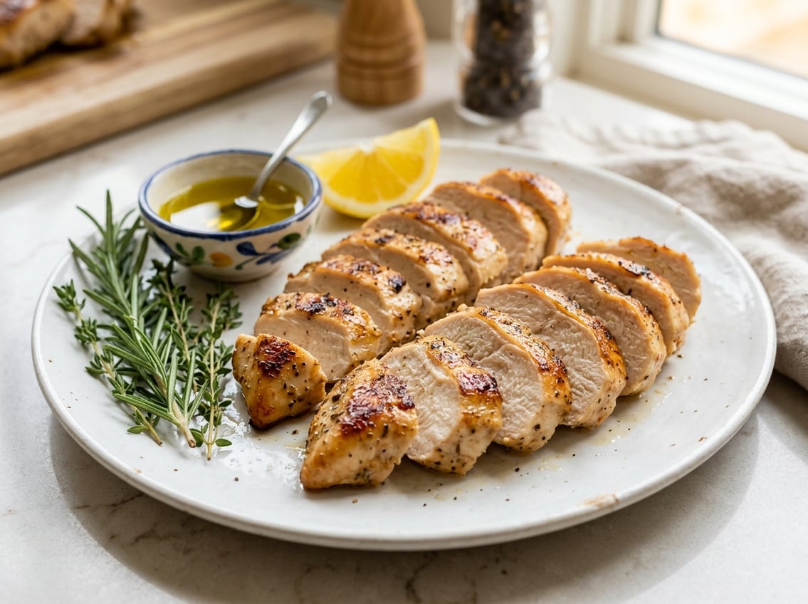Close-up of sliced cooked chicken breast on a white plate with fresh herbs and lemon on a kitchen countertop.