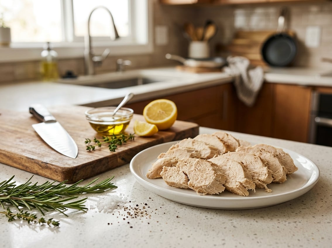 Close-up of sliced cooked chicken breast on a plate with herbs, lemon wedge, and kitchen utensils on a countertop.