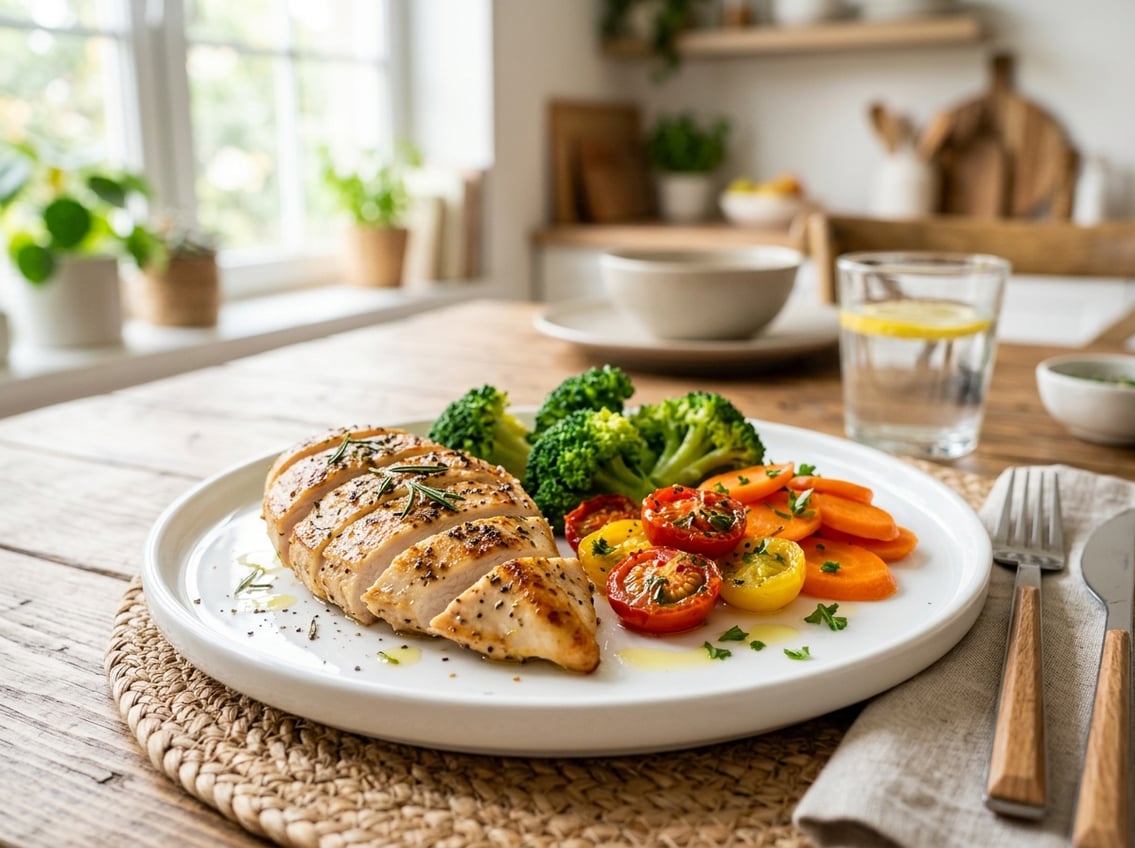 A plate with cooked chicken breast and a variety of fresh vegetables on a table in a bright kitchen.
