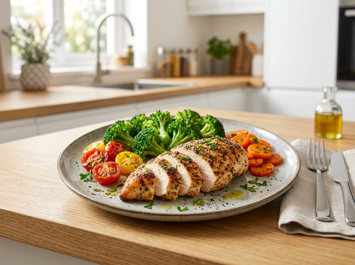 A cooked chicken breast served on a plate with fresh vegetables on a kitchen countertop.