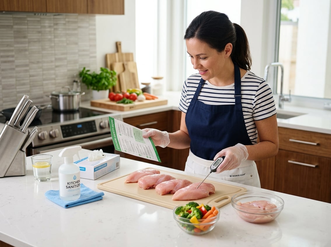 A person in a kitchen inspecting raw chicken breasts on a cutting board with kitchen tools and fresh vegetables nearby.