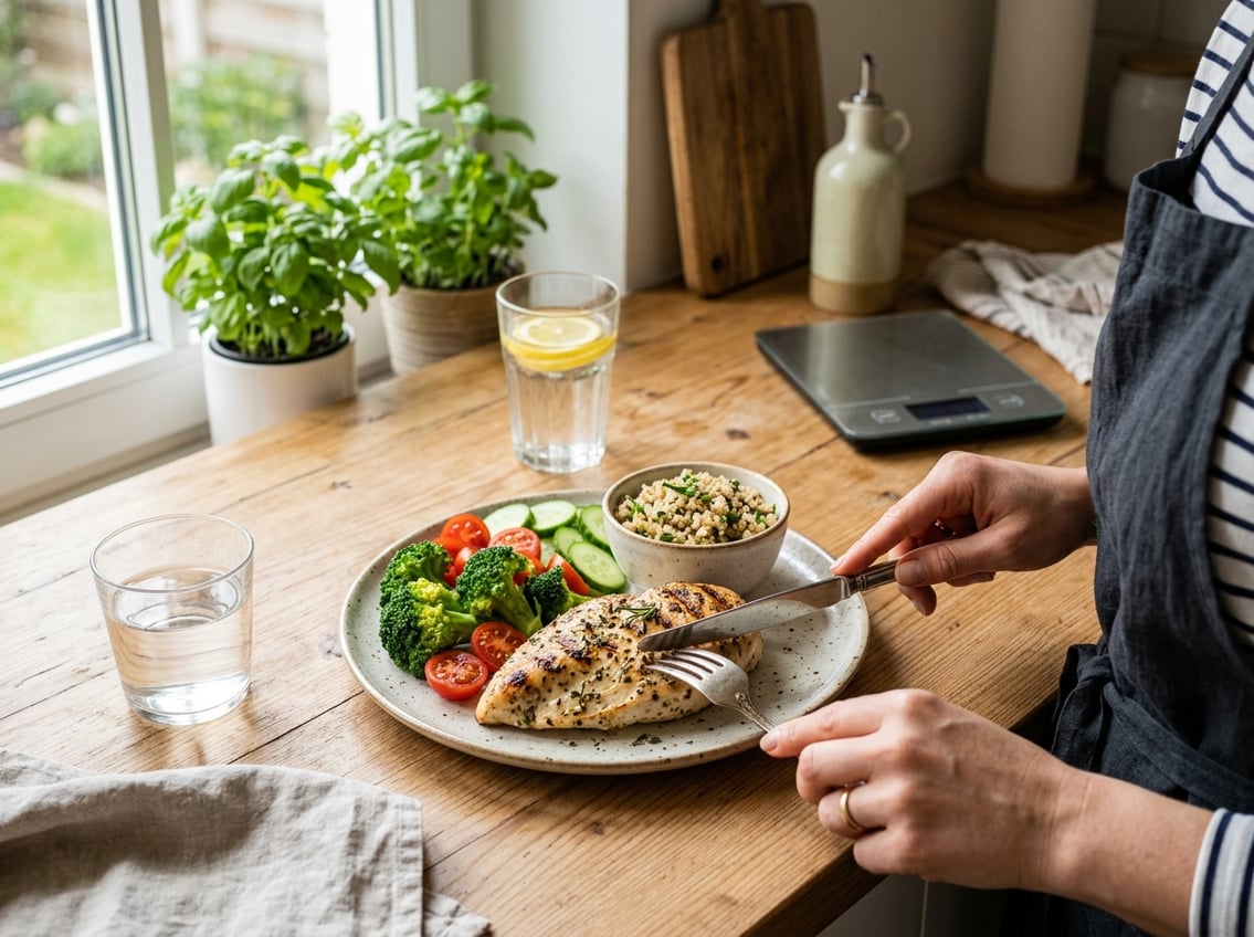 A person cutting into a grilled chicken breast on a plate with fresh vegetables on a kitchen countertop.