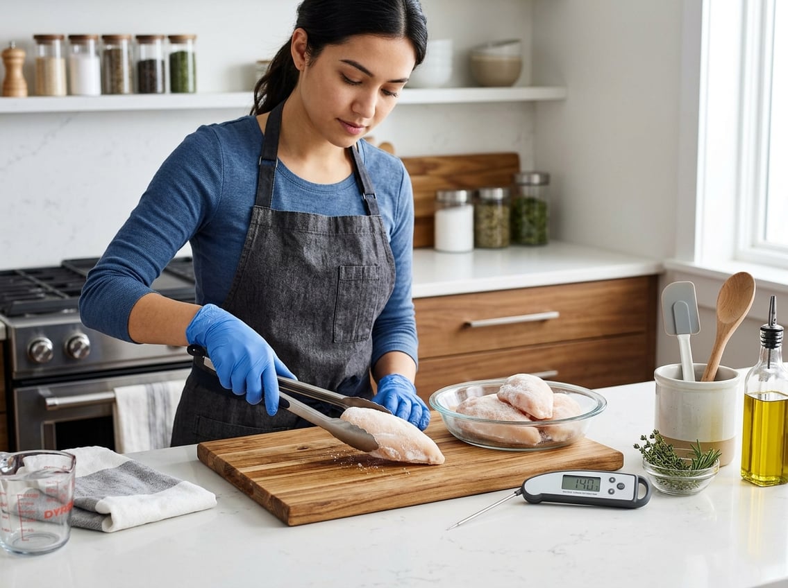 A person preparing a frozen chicken breast on a cutting board in a clean kitchen with cooking tools nearby.