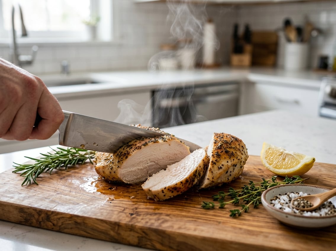A cooked chicken breast being sliced on a cutting board with fresh herbs and lemon nearby.