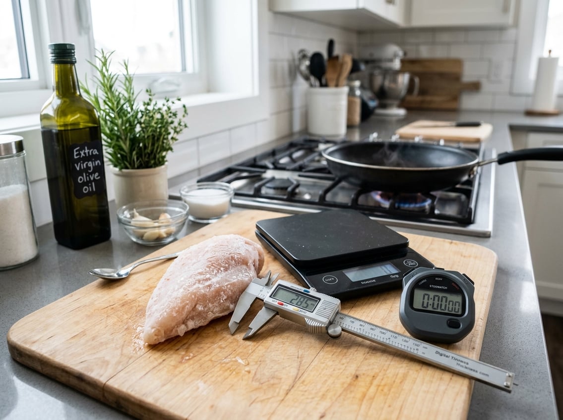 A frozen chicken breast on a cutting board with measuring tools and a kitchen timer in a kitchen setting.
