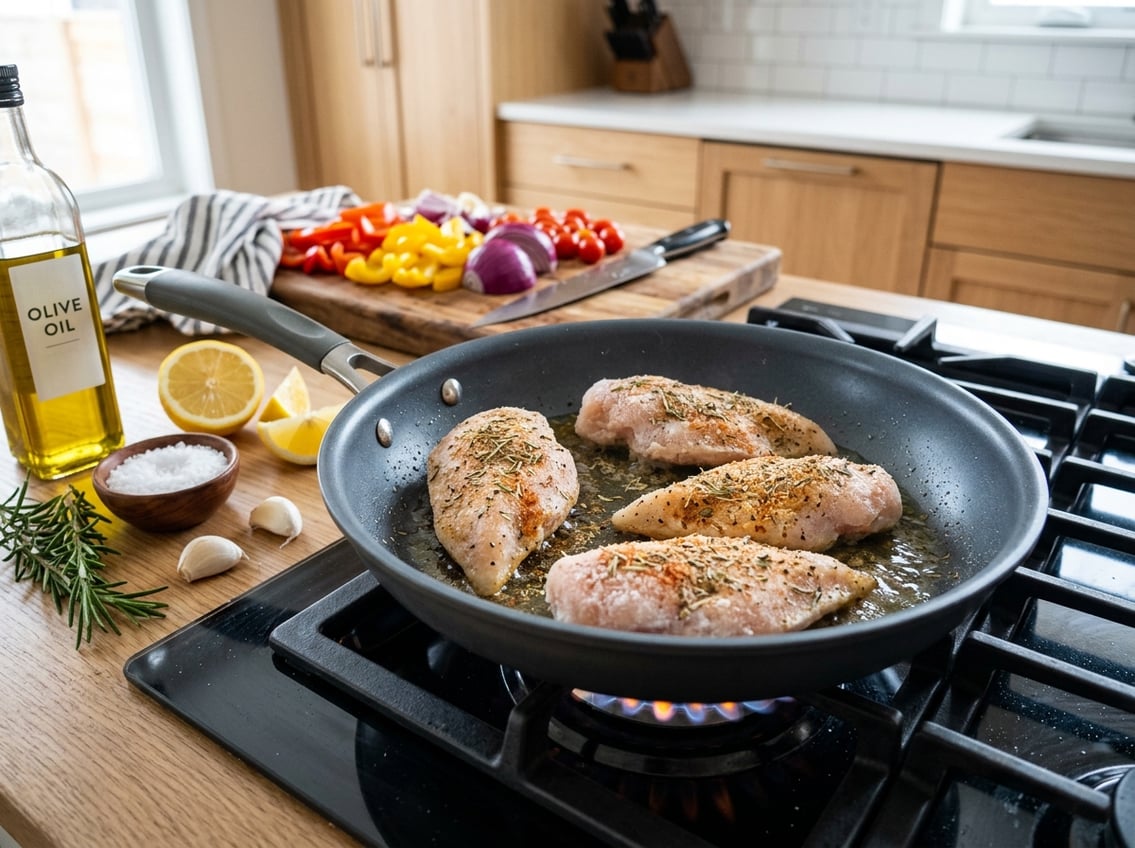 Frozen chicken breasts cooking in a skillet on a stovetop surrounded by fresh herbs, lemon, garlic, and chopped vegetables on a kitchen counter.