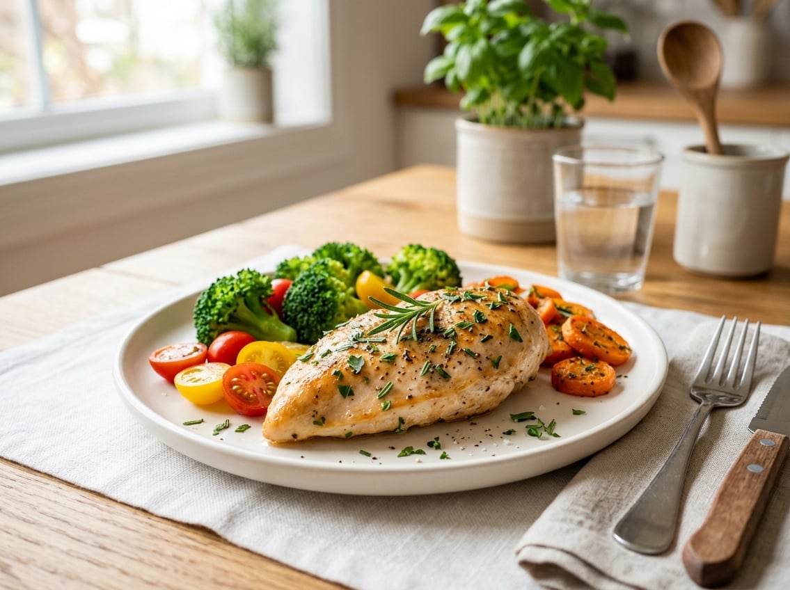 A plate with cooked chicken breast garnished with herbs and served with colorful steamed vegetables on a dining table.