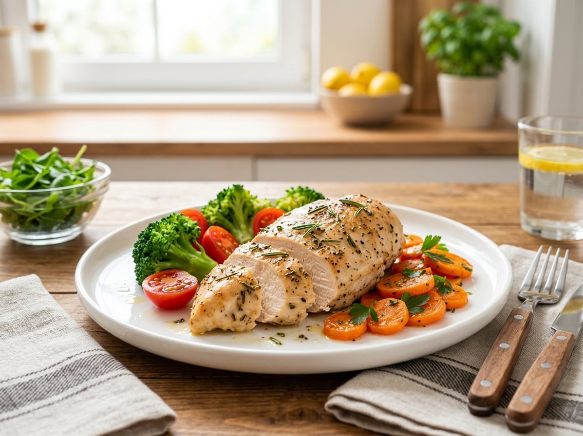 A cooked chicken breast on a white plate with broccoli, cherry tomatoes, and carrots on a table in a bright kitchen.