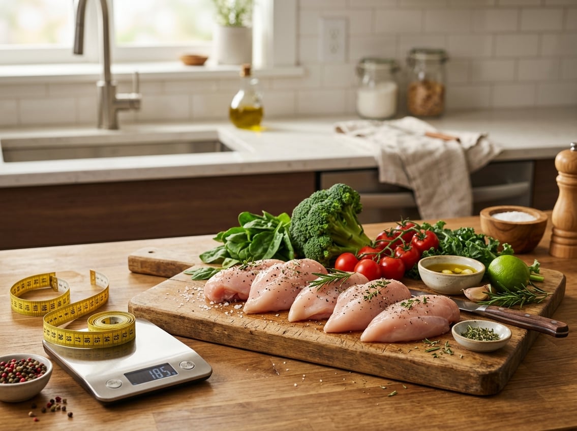 A kitchen counter with raw chicken breasts on a cutting board surrounded by fresh vegetables and kitchen tools for measuring portions.