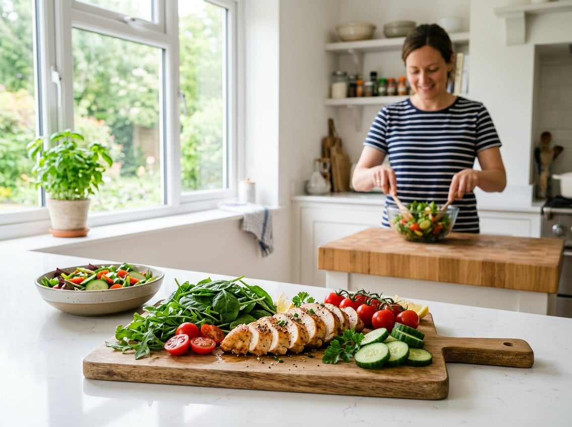 A kitchen scene showing cooked chicken breasts on a cutting board surrounded by fresh vegetables with a person preparing a salad in the background.