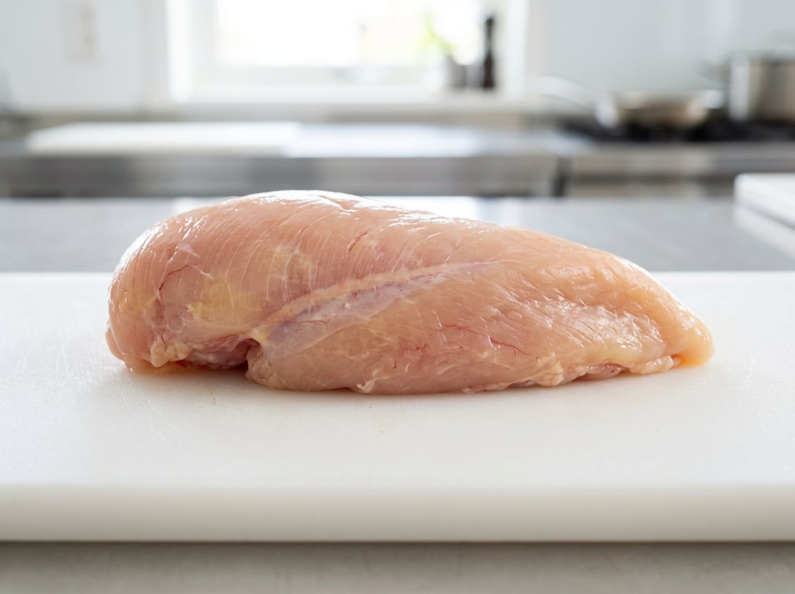 Close-up of raw chicken breast on a white cutting board showing visible veins and muscle fibers.