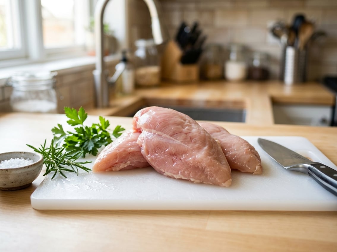 Raw chicken breasts on a white cutting board with visible veins, surrounded by fresh herbs and a kitchen knife.
